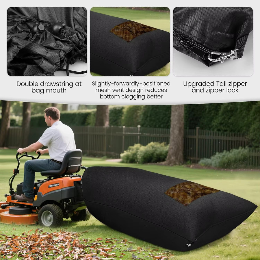 Strapazierfähiger Rasentraktor-Laubsammelbeutel aus schwarzem 420D Oxford-Polyester mit Reißverschluss und großem Fassungsvermögen - Bild 3
