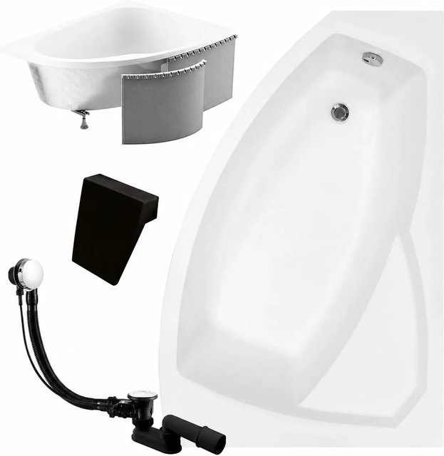 KOLMAN Eckbadewanne in Weiß mit Styroporverkleidung, schwarzer Kopfstütze und rutschfester Oberfläche, Ausführung rechts, B: 130 cm, T: 85 cm - Bild 1