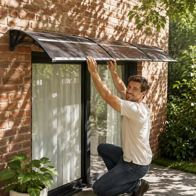 Modernes Policarbonat-Vordach in Schwarz mit Aluminiumstangen und ABS-Halterungen, B: 350 cm, T: 100 cm - Bild 2
