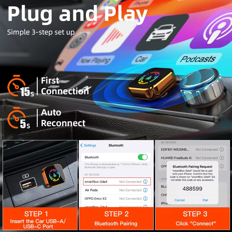 VYVYLABS 2-in-1 Kabelloser CarPlay und Android Auto Adapter Dongle in Schwarz für iPhone und Android - Bild 4