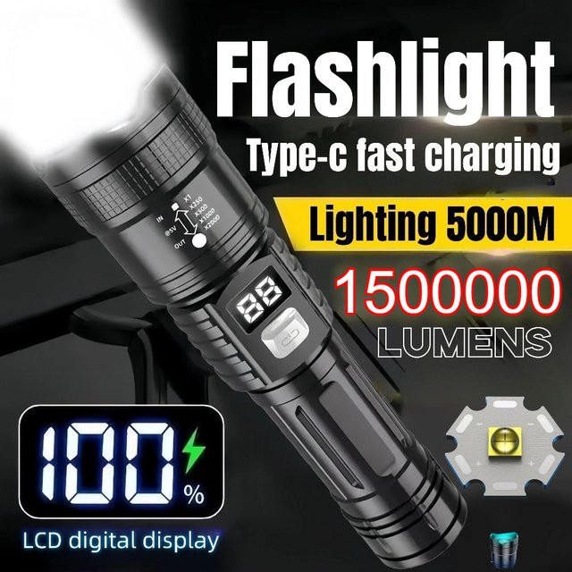 KDULIT LED-Taschenlampe in Schwarz, wiederaufladbare Hochleistungs-Taschenlampe mit USB-C-Anschluss und zoombarem Licht für Outdoor, Camping und Notfälle - Bild 1