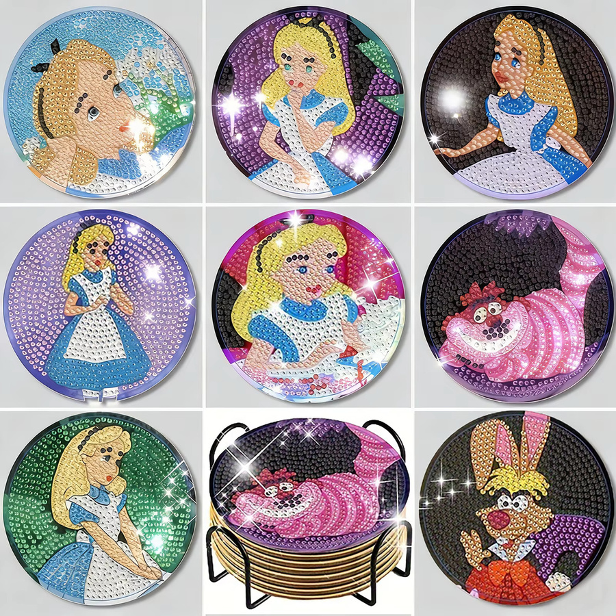 Potdemiel DIY Diamant-Malerei Untersetzer Set mit Halter, 8-teiliges Alice im Wunderland Cartoon-Prinzessinnen Set, Mehrfarbig - Bild 5
