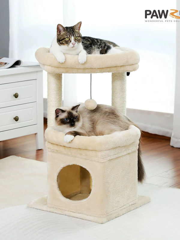PEQULTI Kratzbaum Katzenturm in Beige mit Sisalpfosten, Plüsch und integriertem Spielzeug für 1–2 Katzen - Bild 2