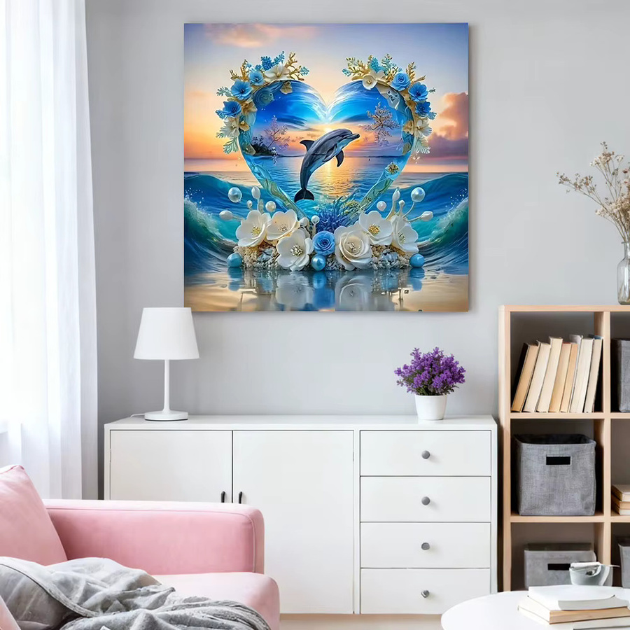 HUACAN Diamant-Mosaik Set Delfin im Sonnenuntergang, rund, Mehrfarbig - Bild 3