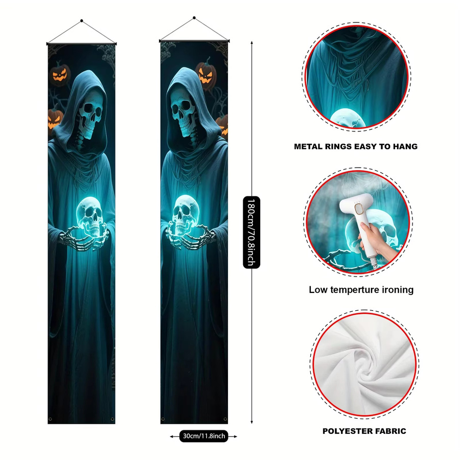 VIKAMA 2-teiliges Halloween-Türbehang-Set mit Sensenmann-Skelett-Design, Textil-Dekoration für Eingangstür und Veranda, B/H: 30 x 180 cm - Bild 5