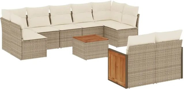 vidaXL 10-tlg. Garten-Sofagarnitur in L-Form aus Polyrattan mit Kissen und Couchtisch, Beige - Bild 1
