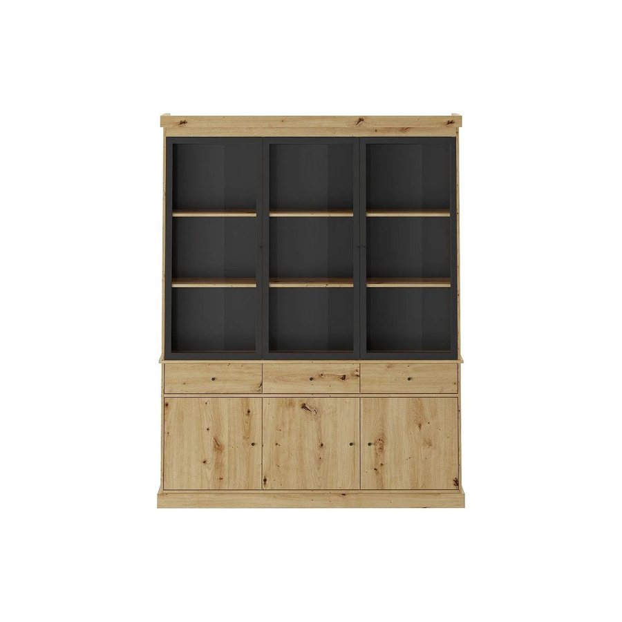 Vitrinenschrank Marsoria in Schwarz und Naturfarben Hell mit Glastüren, LED-Beleuchtung und Regalen im Industriestil, H: 172,5 cm, B: 39,6 cm, T: 6,0 cm - Bild 2