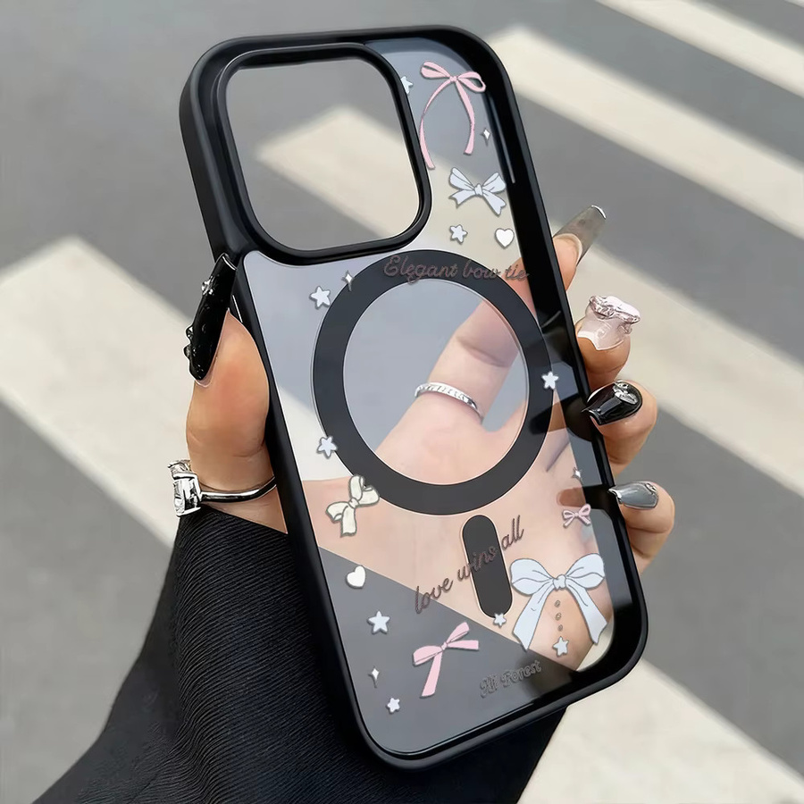 Caynes Magnetische Handyhülle mit Rosa Schwarzer Schleife für iPhone 17 Pro Max 16 15 14 13 12 Transparent Acryl Stoßfestes Funda Cover - Bild 3