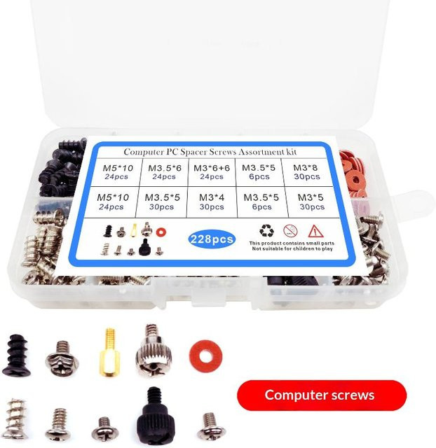 AyS 228-teiliges Sortiment-Kit für PC-Hardware, Motherboard und Gehäuselüfter in Multicolor mit Handschrauben, Abstandshaltern und Unterlegscheiben - Bild 1