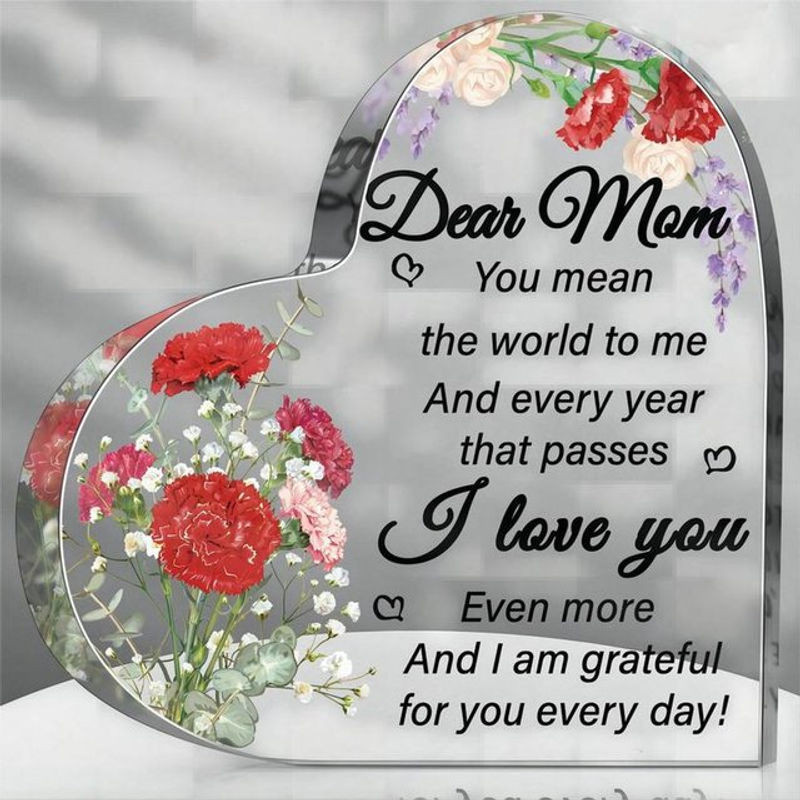 Herzförmige Acryl-Plakette mit floralem Blumenmuster als Geschenk für Muttertag oder Geburtstag in transparentem Design - Bild 1