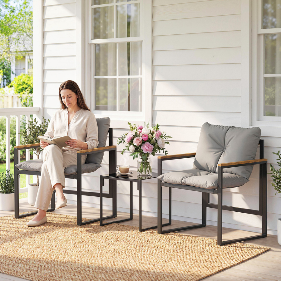 Outsunny Gartenmöbel-Set 3-teilig für 2 Personen mit 2 Sesseln und 1 Beistelltisch aus Metall und Textilene mit Glasplatte in Grau - Bild 2