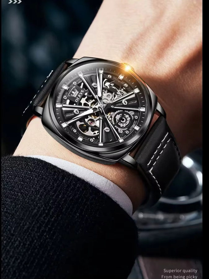 OLEVS Armbanduhr, Mechanisch, Handaufzug, Leder, Schwarz, Herren - Bild 7