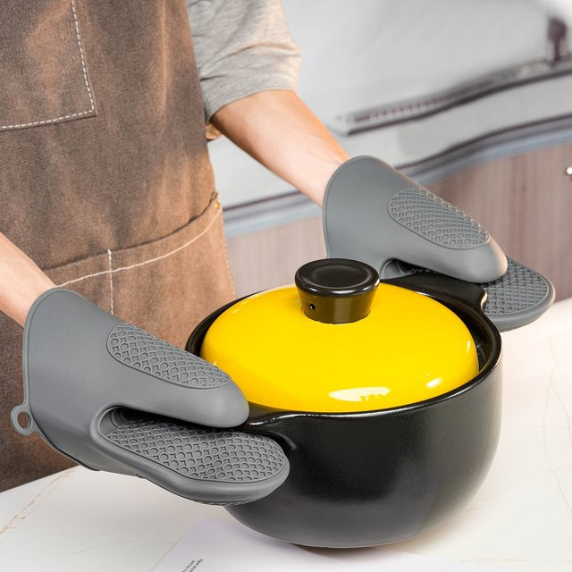 Venlohome Hitzebeständige Silikon Ofenhandschuhe im 2er-Set mit Wabenstruktur und Clips, Schwarz und Grau - Bild 1