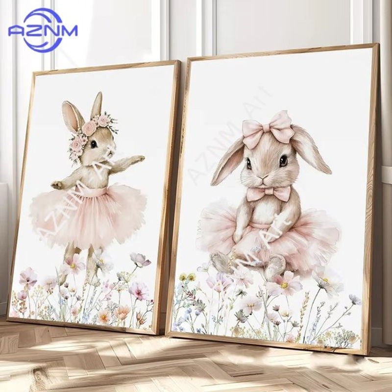AZNM Hasen-Ballerina Wildblumen Leinwandbild in Rosa und Weiß für das Babyzimmer im Landhausstil - Bild 1