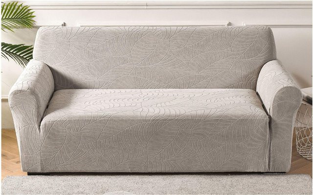 Wasserdichter Jacquard Sofaüberwurf mit floralem Blattmuster in Grau, elastisch und rutschfest - Bild 1
