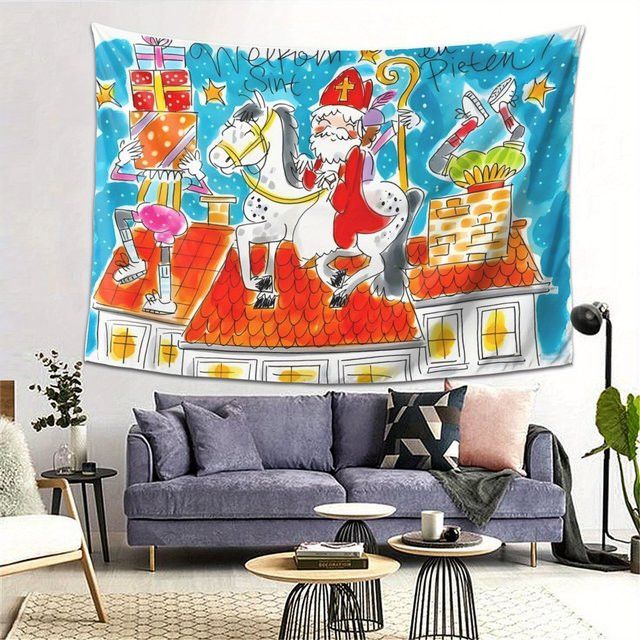 VIKAMA Weihnachts-Wandteppich mit Saint Nicholas und Piet als Wanddekoration für Schlafzimmer und Eingangsbereich, B: 75 cm, H: 58 cm - Bild 1
