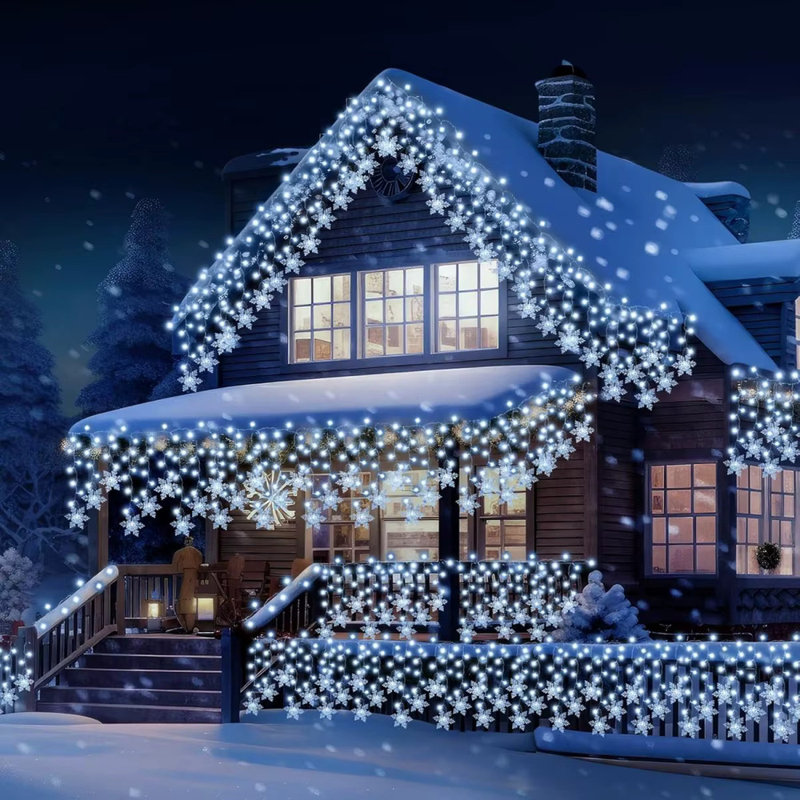 Peach Forest Solar LED Schneeflocken Vorhanglichter in Weiß für Weihnachten, Party und Hochzeit, 96 LEDs, wasserdicht - Bild 4