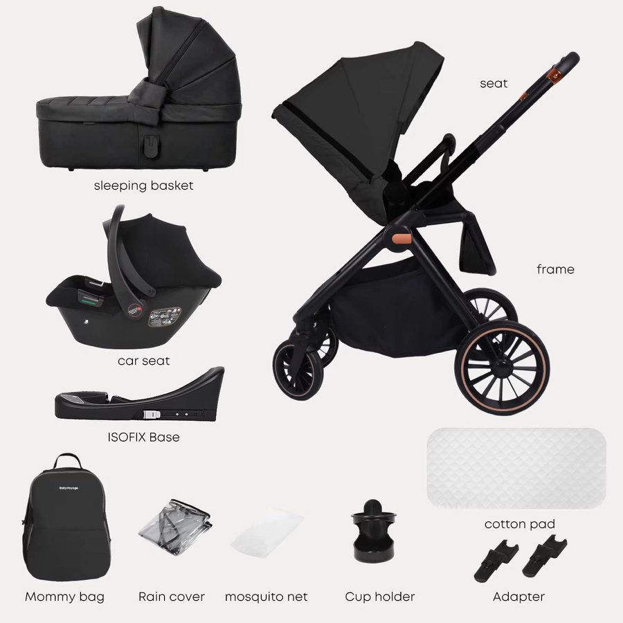 BabyVoyage 4-in-1 Kinderwagen-Reisesystem mit Autositz, ISOFIX-Basis, Babywanne und 360 Grad drehbarem Sitz in Schwarz - Bild 6