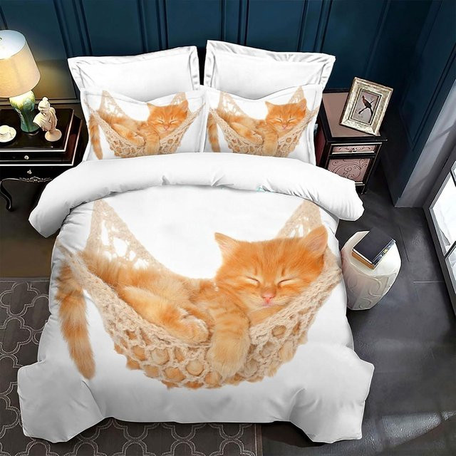 Binchi Fitness Bettwäscheset mit Katzenmuster, 3-teiliges Set aus Microfaser in Weiß, bestehend aus einem Bettbezug und 2 Kissenbezügen, B/H: 90 x 200 cm - Bild 1