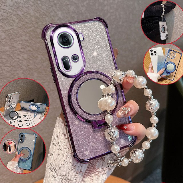 Bling Glitzer Lippenstift Handyhülle für Oppo Reno11, Reno11 Pro und Reno11 Pro 5G mit Spiegel, Perlenkette und Stoßschutz in Pink - Bild 1