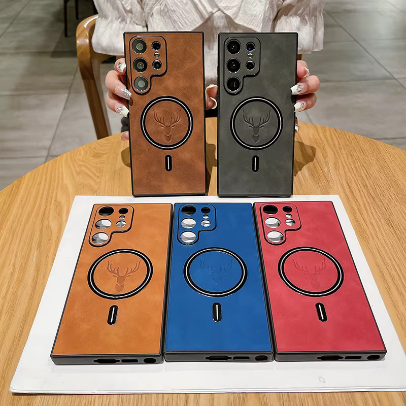 Magnetische Samsung Galaxy Hülle aus PU Leder mit Rentier Muster und MagSafe Unterstützung für Galaxy S26 Ultra, S25, S24 und S23 Plus in Blau und Braun - Bild 3