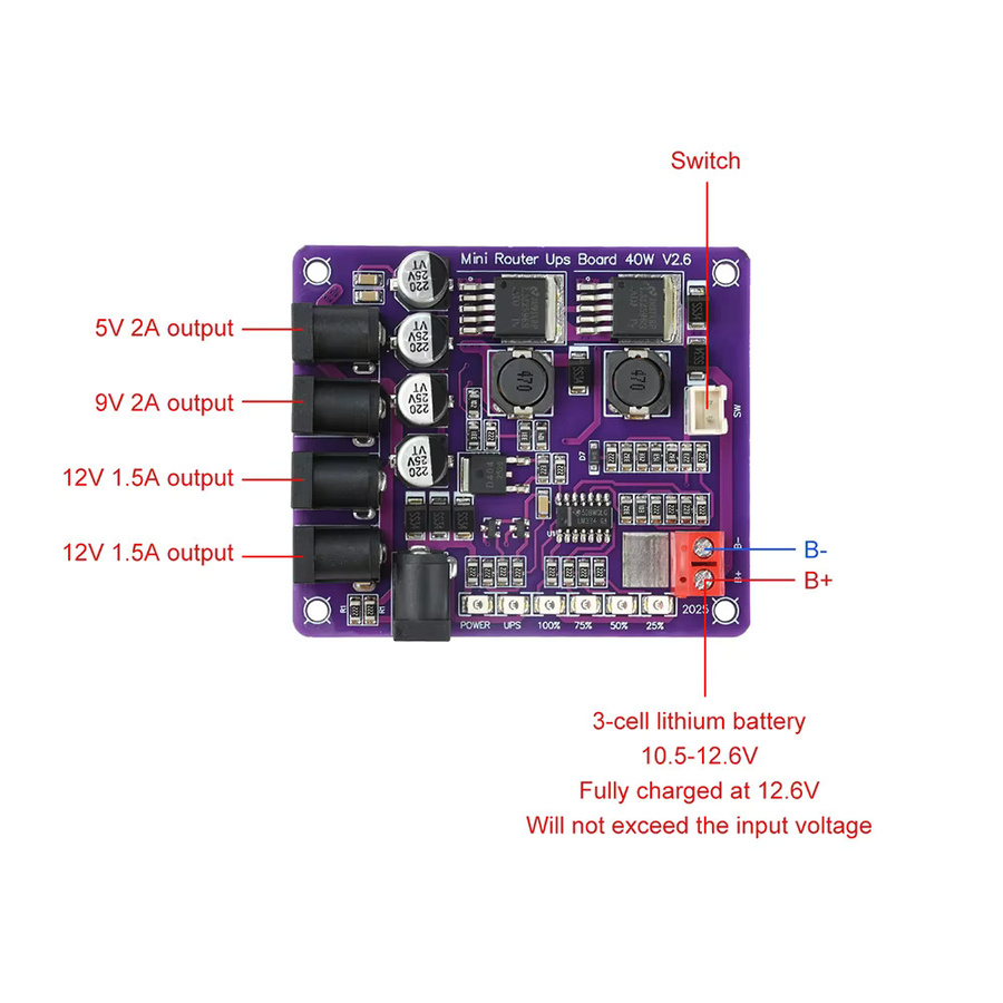 diymore 40W Akku-Ladeplatine für 4-Port Mini-Router UPS Unterbrechungsfreie Stromversorgungsplatine 12,6V Strommodul in Purple - Bild 3
