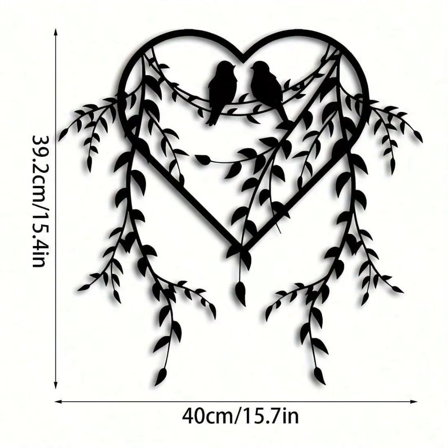 CIFBUY Herzförmige Wanddekoration aus Metall in Schwarz mit Vogel- und Blumenmotiv, B/H: 39,9 x 39,9 cm - Bild 2
