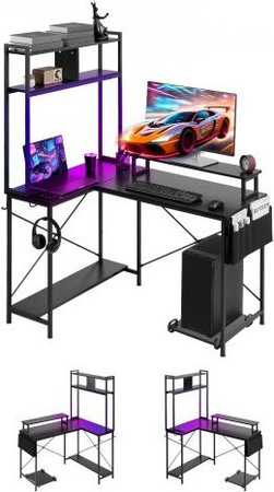 VEVOR L-Form Gaming Tisch in Schwarz mit Monitorständer, Steckdosen und CPU-Ständer, Eckschreibtisch für Homeoffice mit 68 kg Tragfähigkeit, B/T/H: 160 x 120 x 90 cm