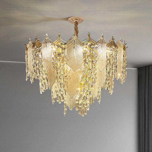 JIANKEXING Kristall-Pendelleuchte in Blatt-Form, Gold/Messing, Transparent, Warmweißes Licht für Wohnzimmer, Schlafzimmer und Küche - Bild 1