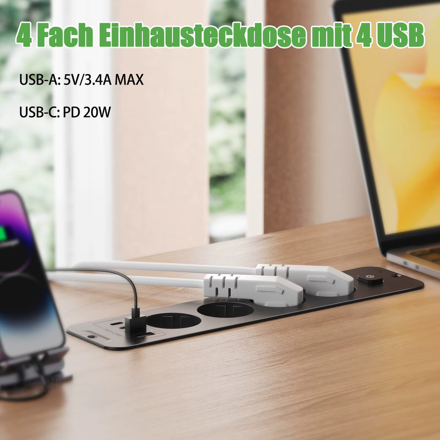 HITRENDS Desktop-Einbausteckdose mit 4 EU-Steckdosen, 2 USB-A und 2 USB-C Anschlüssen sowie 2 m Verlängerungskabel - Bild 2