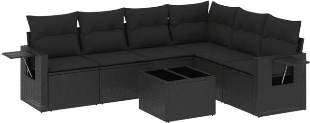 vidaXL 7-teilige Garten-Sofagarnitur in L-Form aus schwarzem Poly-Rattan mit Kissen und pulverbeschichtetem Stahlgestell - Bild 1