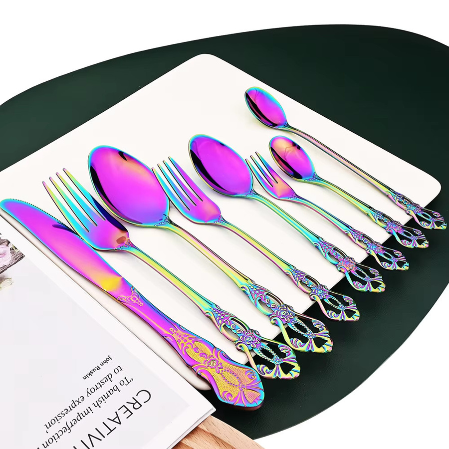 Drmfiy Vintage 6-teiliges Besteckset aus Edelstahl in Regenbogenfarben mit Messer, Gabel und Teelöffel - Bild 2