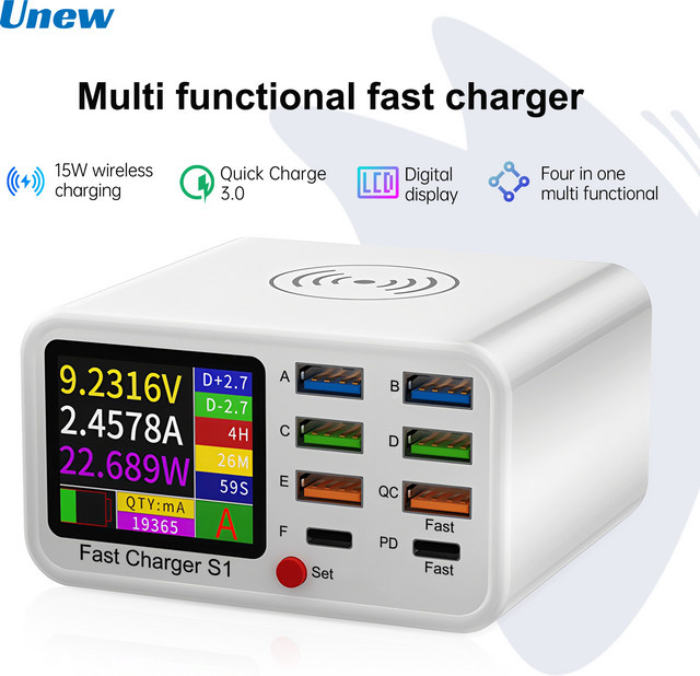 UNEW Multifunktions-USB-C-Schnellladegerät mit 8 Ports, Desktop-Ladestation mit PD3.0, PPS, QC3.0 und kabelloser Ladefunktion, Weiß, 15 W - Bild 1