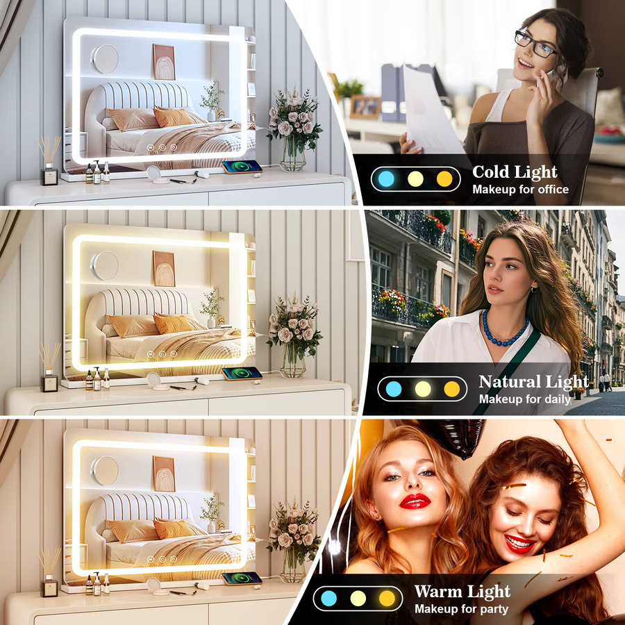 Teousev Hollywood-Schminkspiegel mit LED-Beleuchtung in Weiß, 80 cm Breite, dimmbar mit 3 Farben und Touch-Steuerung, CRI≥90 - Bild 2