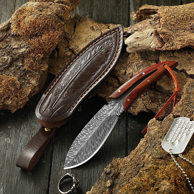 MYVIT Mehrzweck-Messer aus Edelstahl mit Scheide, silbernes Paring Knife mit Holzgriff und Federmuster - Bild 1