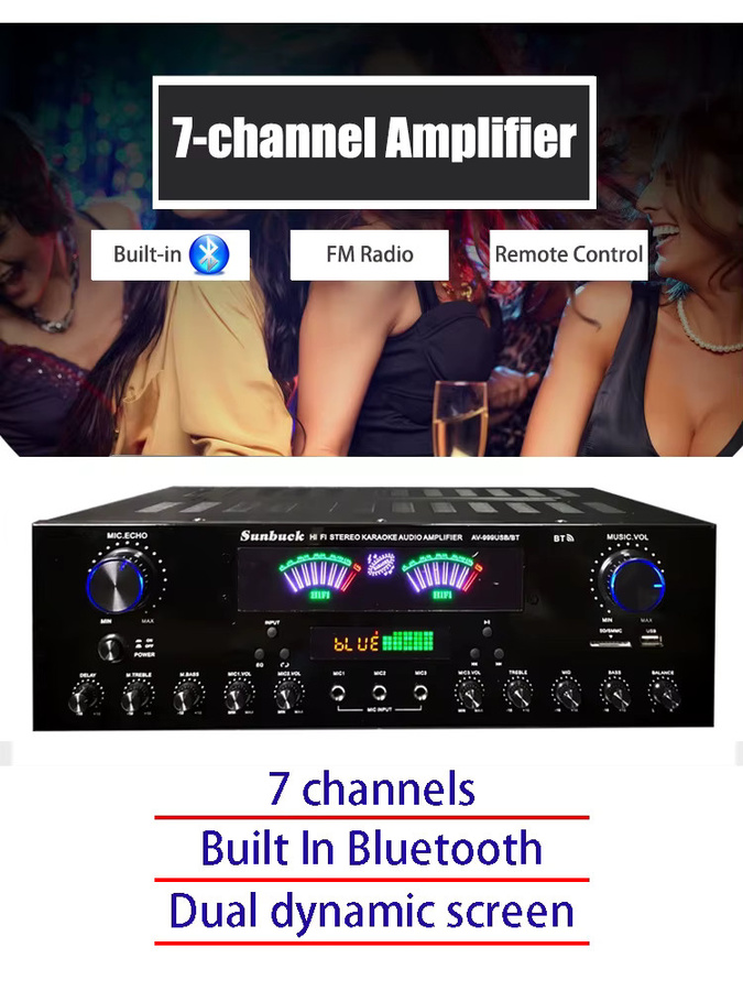 WAPUNO Bluetooth HiFi-Digital-Stereo-Verstärker AV-555BT/999BT in Schwarz mit zwei dynamischen Bildschirmen und max. 4000W für Heimkino, Auto und Karaoke - Bild 6