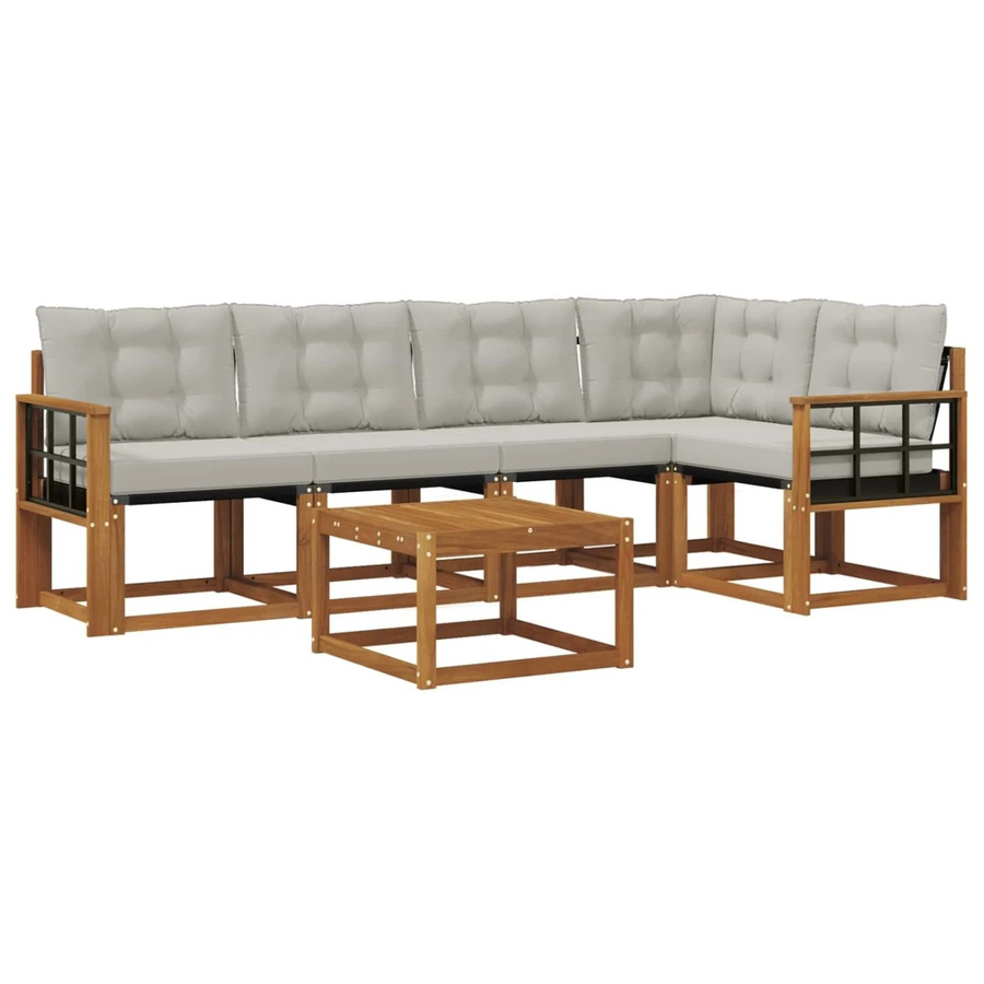 vidaXL Outdoor-Sofagarnitur 6-teilig L-Form aus Akazienholz und Textilene in Natur und Hellgrau mit UV-beständigen Kissen - Bild 2