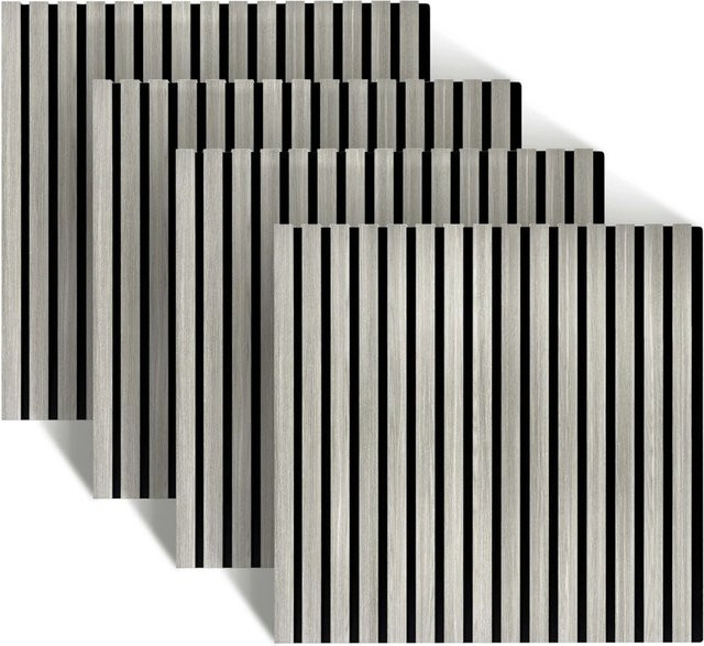 Relaxdays Akustikpaneele 4er Set in Eiche Hellgrau mit Lamellen-Design aus MDF und PET, schallabsorbierend und zuschneidbar, B/T/H: 60 x 60 x 1,8 cm - Bild 1