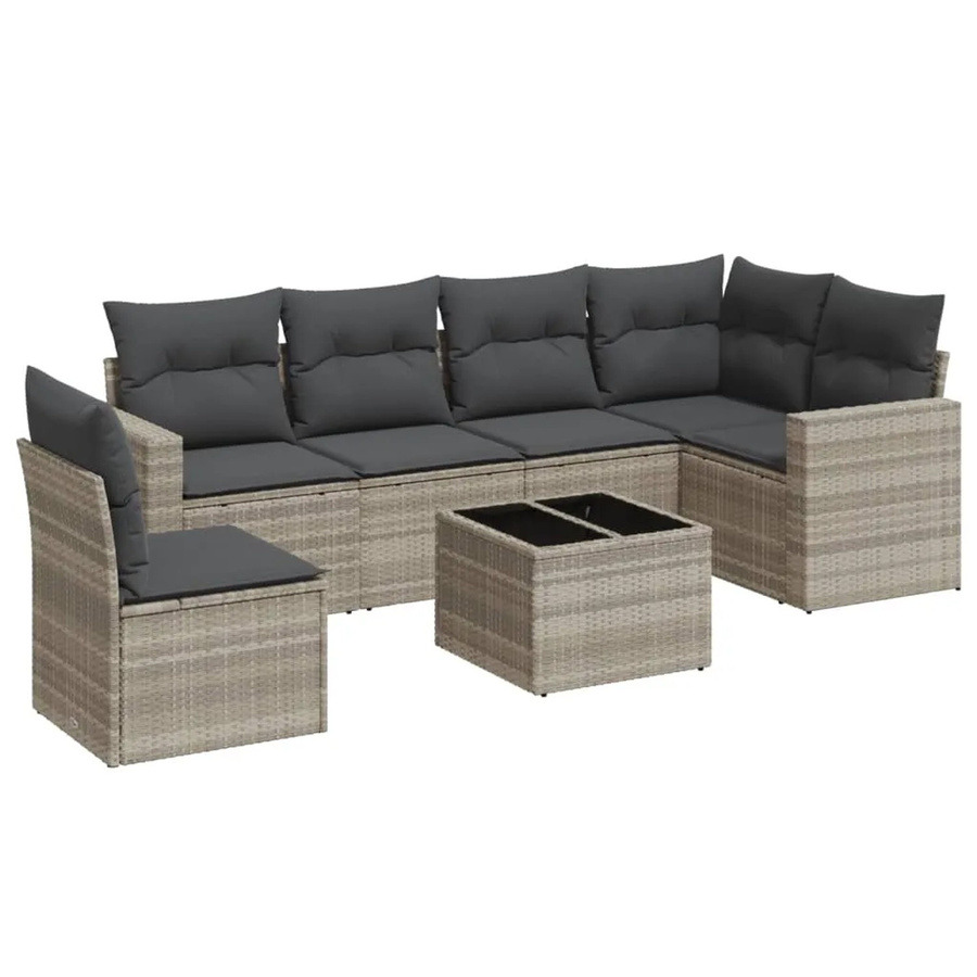 vidaXL 7-teilige Garten-Sofagarnitur in L-Form aus Poly-Rattan mit Kissen in Hellgrau - Bild 2