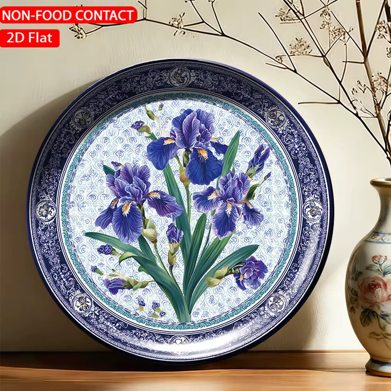 FORJN Keramik-Dekorplatte mit blauem Iris-Blumenmuster, runde Wandplatte, Durchmesser: 20 cm - Bild 2