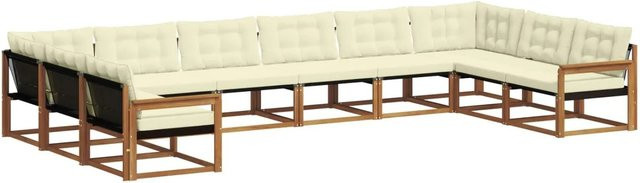 vidaXL Outdoor-Sofagarnitur aus massivem Akazienholz in L-Form mit Textilene-Bezug und Kissen, 10-teiliges Set, Natur und Creme - Bild 1