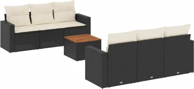 vidaXL 7-tlg Garten-Sofagarnitur aus Poly-Rattan und Akazienholz in Schwarz mit Kissen - Bild 1