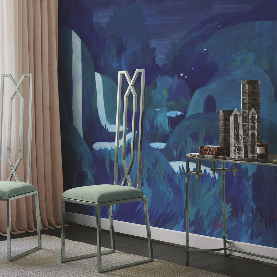 Nobilis Panorama Tapete Les Cascades in Blau mit abstraktem Design aus Papier und Textil - Bild 1