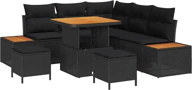 vidaXL Garten-Sofa-Set 8-teilig aus Poly Rattan und Akazienholz in Schwarz mit Kissen - Bild 1