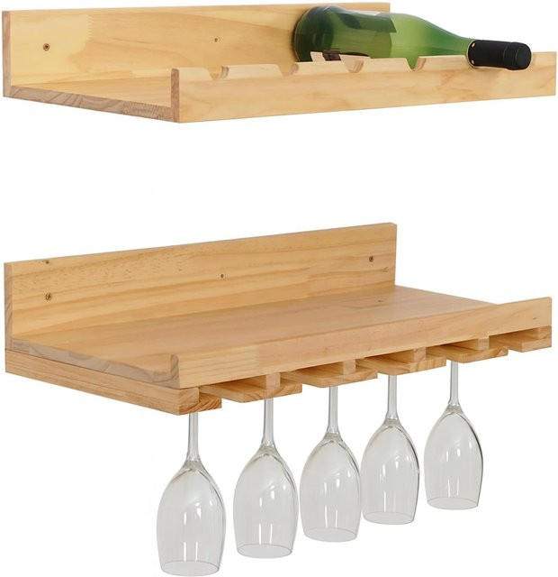 2er-Set MCW Weinregal P22 Wandbar aus Kiefernholz in Natur für 6 Flaschen und 15 Gläser, Breite: 61 cm, Tiefe: 28 cm - Bild 1