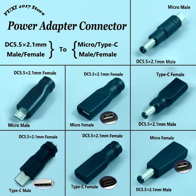 YuXi Stromadapter Konverter DC 5,5x2,1mm auf Micro-USB und USB-C in Schwarz - Bild 1