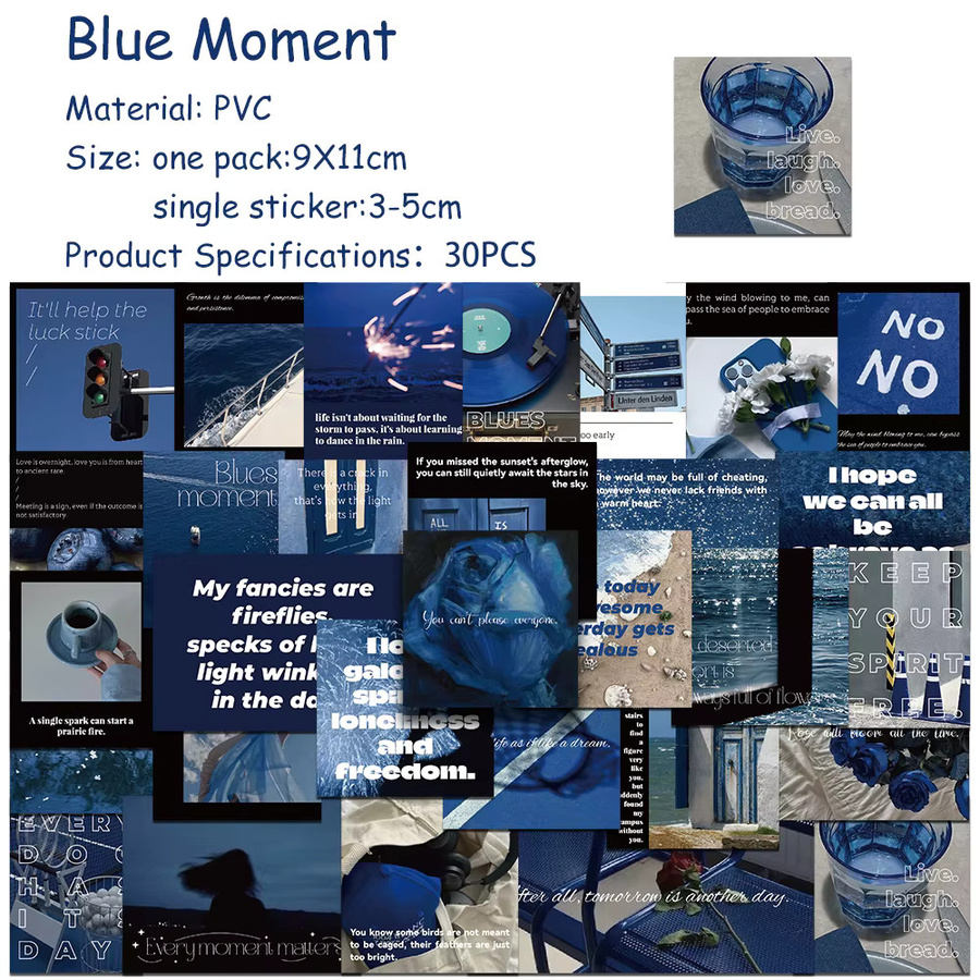 30 Stück Blue Moment Sticker Pack wasserdichte ästhetische Aufkleber in Blau für Scrapbook, Telefon und Skateboard - Bild 2