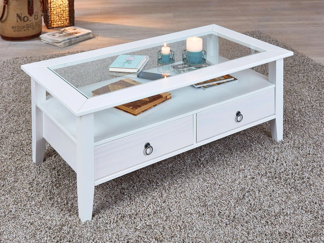 Inter Link Couchtisch Provence aus Kiefer Massivholz mit Sicherheitsglas und Schubladen, Weiss, B/T/H: 115 x 60 x 45 cm - Bild 2
