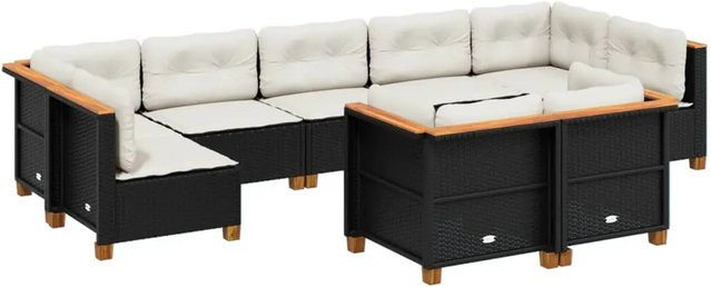vidaXL 9-tlg Garten-Sofagarnitur in L-Form aus Polyrattan und Akazienholz mit Kissen, Schwarz - Bild 1