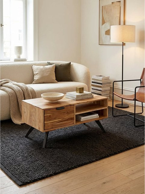 KADIMA DESIGN Couchtisch aus Akazie Massivholz in Braun, Rechteckig mit Stauraum und Schublade, B/T/H: 95 x 45 x 45 cm - Bild 1